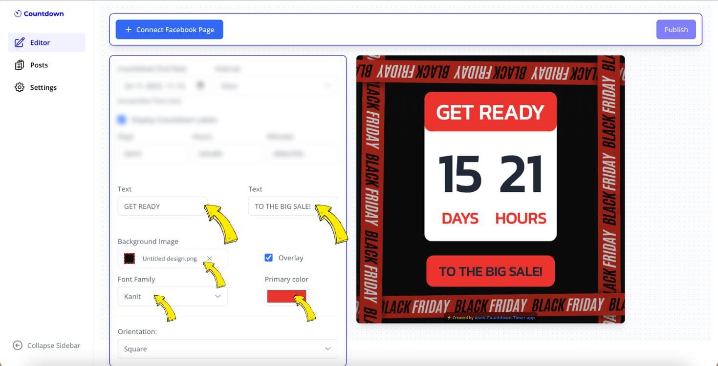 Editing the text, colors, fonts, and background of the Black Friday countdown to make it eye-catching.