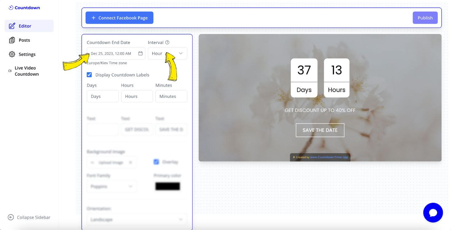 Countdown settings and design customization interface